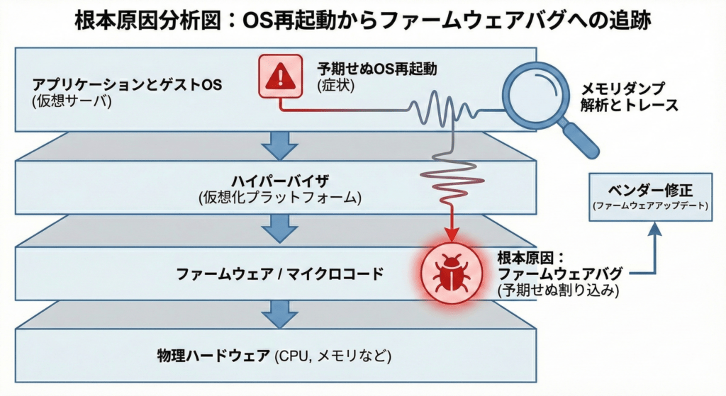 OS再起動の根本原因がハードウェアファームウェアのバグであることを示すレイヤー構造図